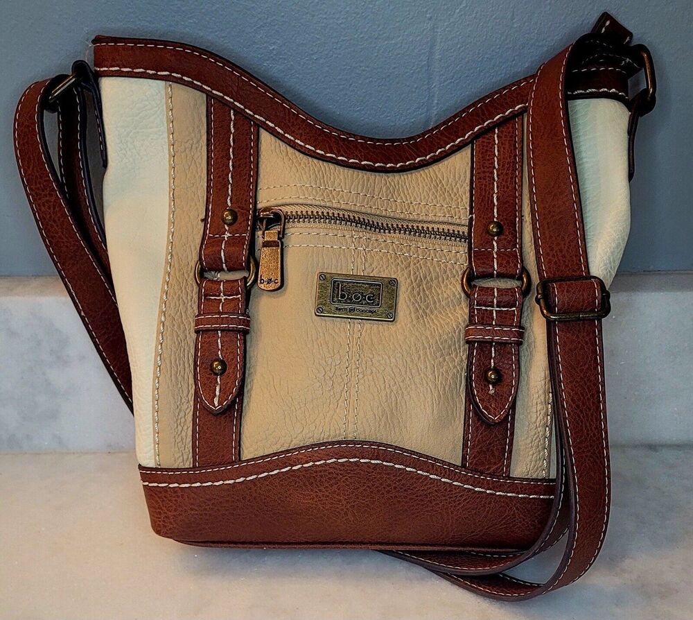B.O.C. Crocket Power Tulip Brown Cream Tan Vegan Leather Crossbody Purse Handbag